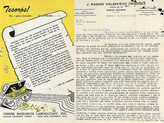 Metal detector brochure and correspondence addressed to Clara Pérez, 1951. Blomberg Fond, Robinson Pérez Family sub-fond, Clara Pérez series.